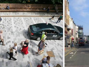 Brighton New Road before and after. The result was a 93% reduction in motorized traffic, car speeds fell to <13mph, 22 % increase in cycling, 150% increase in pedestrian activity and a 600% increase in lingering activity. Success is attributed to systematically analyzing sociability, mobility and the quality of the environment together.” (Illustrations and statistics: Jeff Risom)